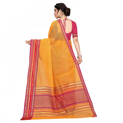 Women's Kota Doria Cotton Bordered Saree With Blouse (Gold, 5-6 Mtrs)