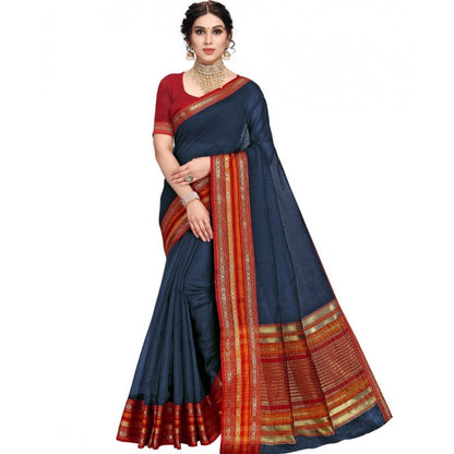 Women's Kota Doria Cotton Bordered Saree With Blouse (Navy Blue, 5-6 Mtrs)