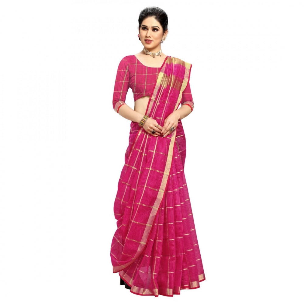 Women's Kota Doria Cotton Checked Saree With Blouse (Rani, 5-6 Mtrs)