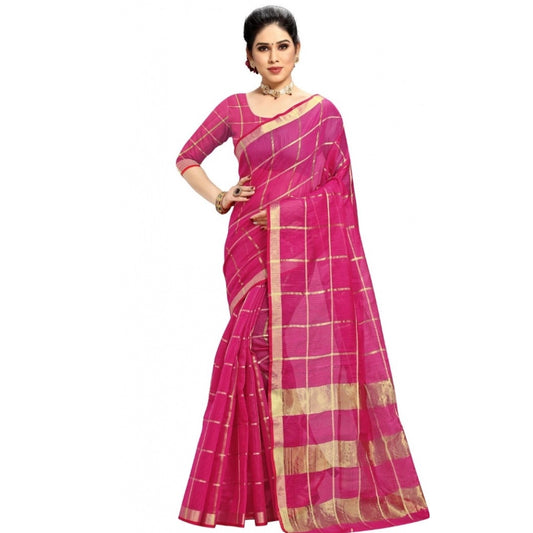 Women's Kota Doria Cotton Checked Saree With Blouse (Rani, 5-6 Mtrs)