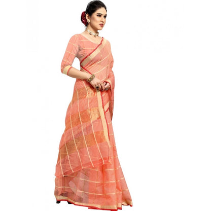 Women's Kota Doria Cotton Checked Saree With Blouse (Peach, 5-6 Mtrs)