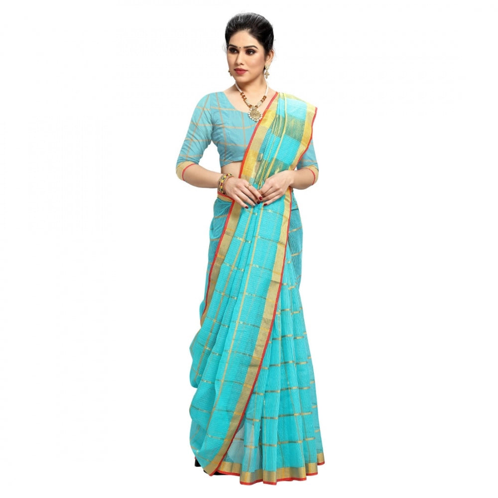 Women's Kota Doria Cotton Checked Saree With Blouse (Sky Blue, 5-6 Mtrs)