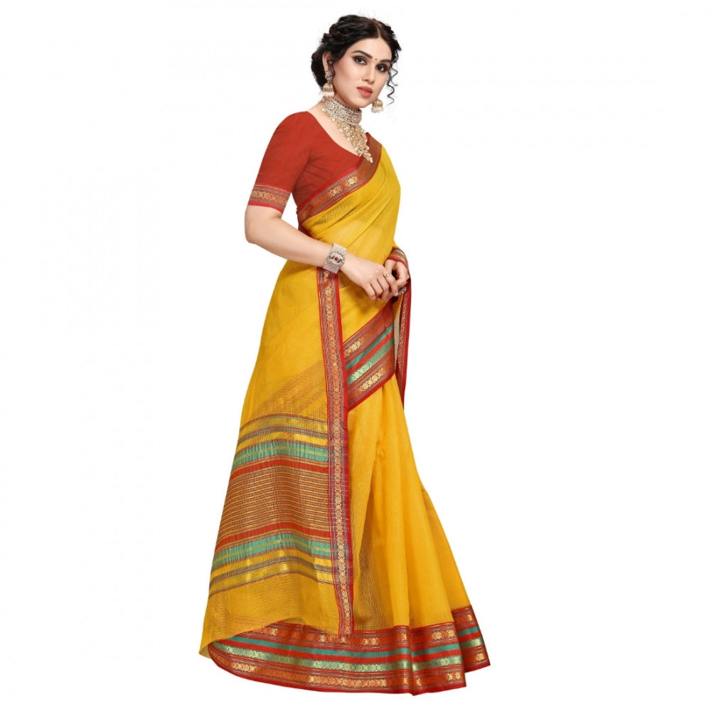 Women's Kota Doria Cotton Bordered Saree With Blouse (Yellow, 5-6 Mtrs)