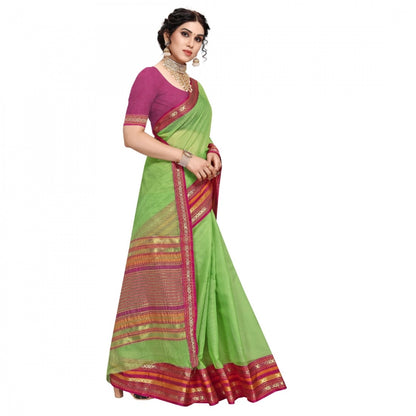 Women's Kota Doria Cotton Bordered Saree With Blouse (Light Green, 5-6 Mtrs)