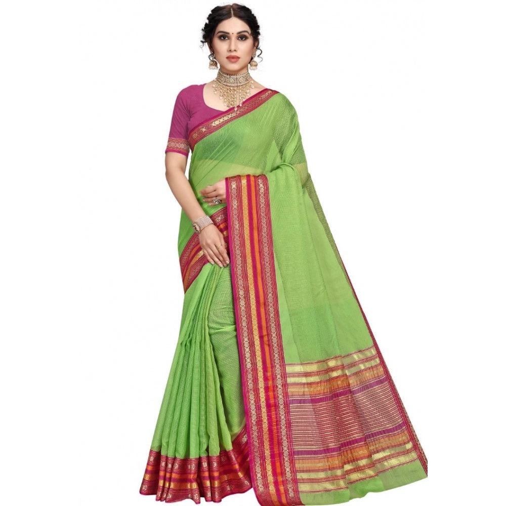 Women's Kota Doria Cotton Bordered Saree With Blouse (Light Green, 5-6 Mtrs)