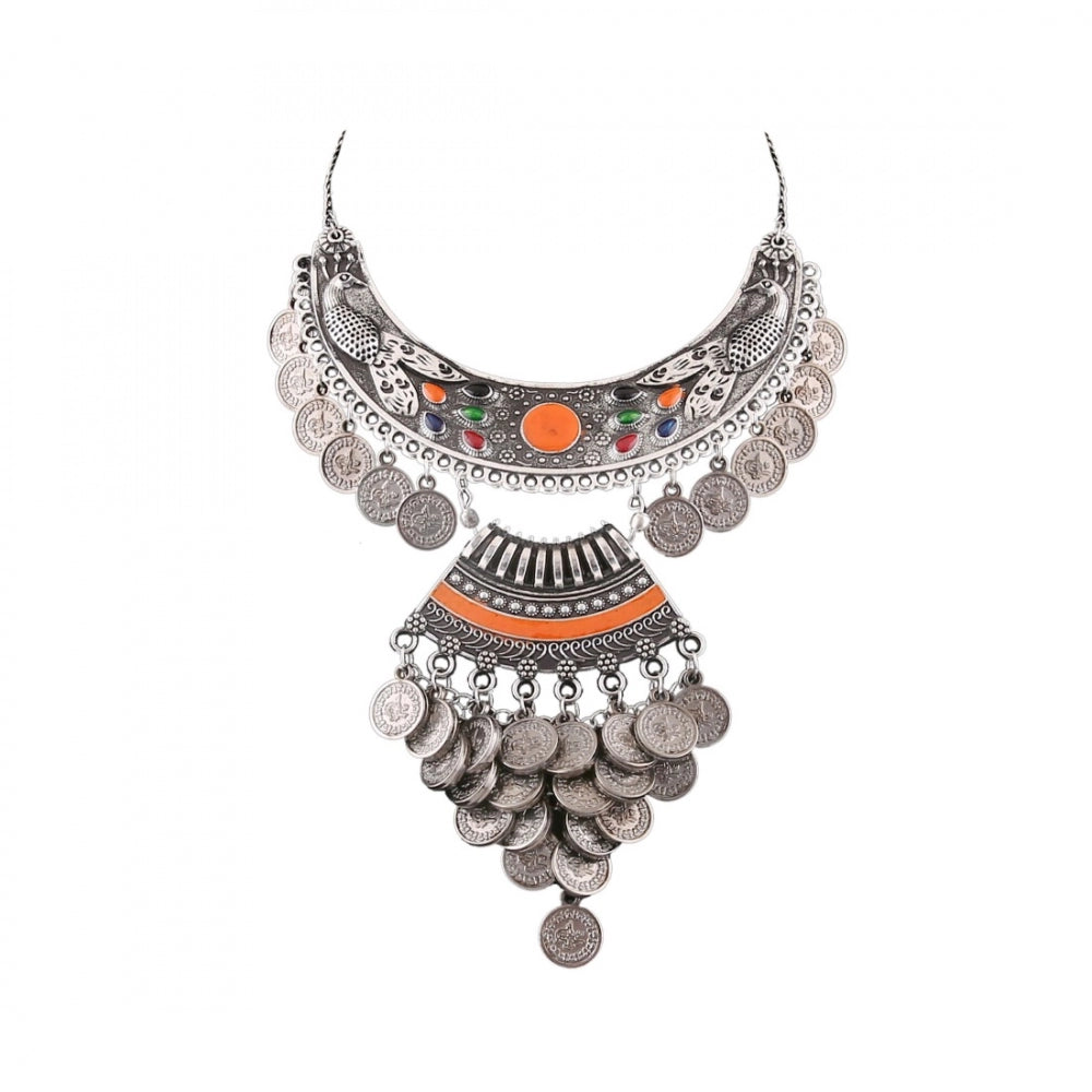 Generic Designer Oxidised German Silver Tribal Necklace Pandeant Antique Necklace (Color: Silver)