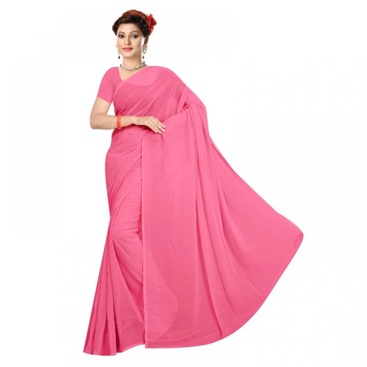 Women's Georgette Plain Saree With Blouse (Pink, 5-6 Mtrs)