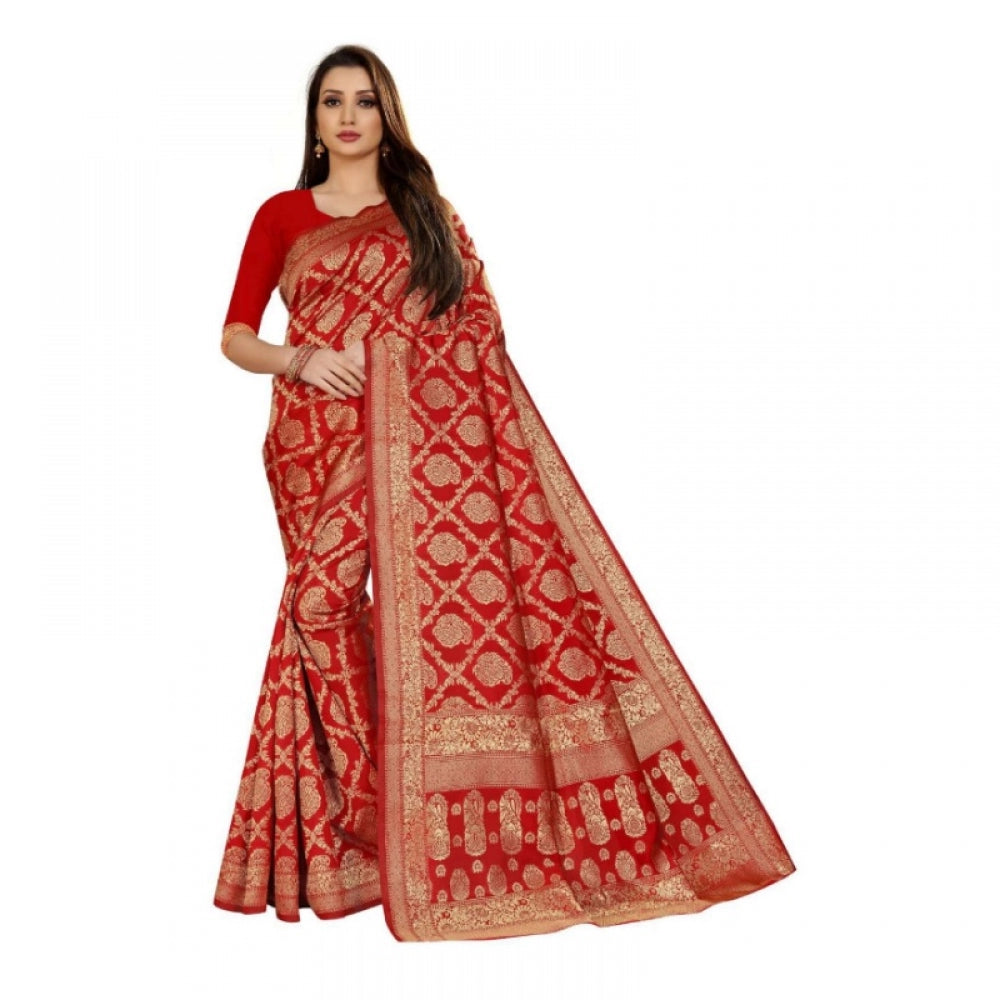 Women's Jacquard Silk Kanjivaram Jacquard Silk Saree With Blouse (Red, 5-6 Mtrs)