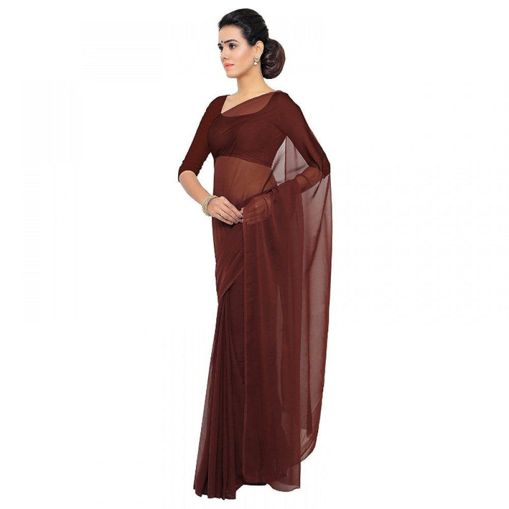 Women's Georgette Plain Saree With Blouse (Coffee, 5-6 Mtrs)