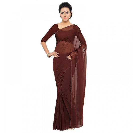 Women's Georgette Plain Saree With Blouse (Coffee, 5-6 Mtrs)