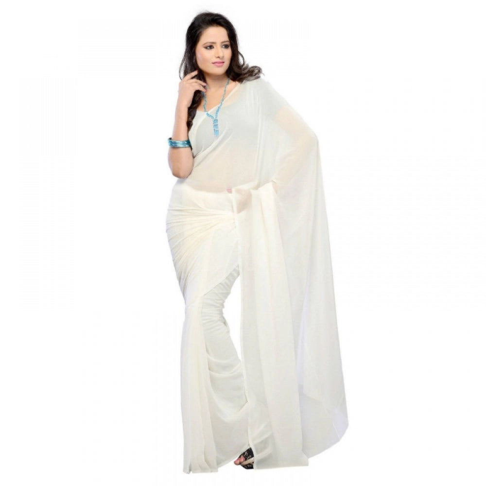 Women's Georgette Plain Saree With Blouse (white, 5-6 Mtrs)