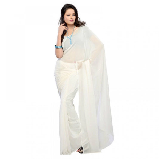 Women's Georgette Plain Saree With Blouse (white, 5-6 Mtrs)