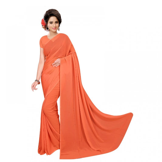 Women's Georgette Plain Saree With Blouse (Orange, 5-6 Mtrs)