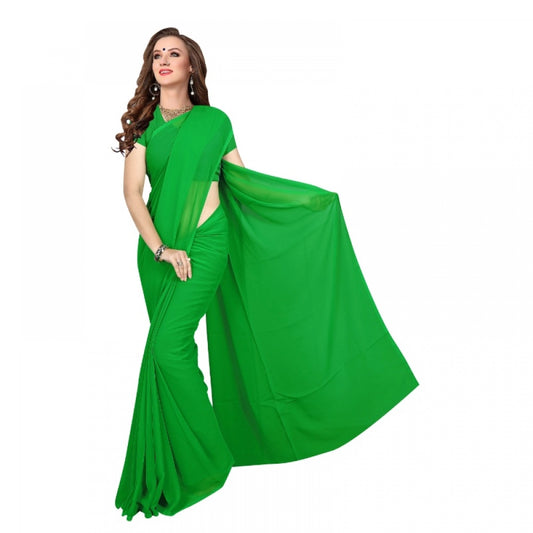 Women's Georgette Plain Saree With Blouse (Dark Green, 5-6 Mtrs)