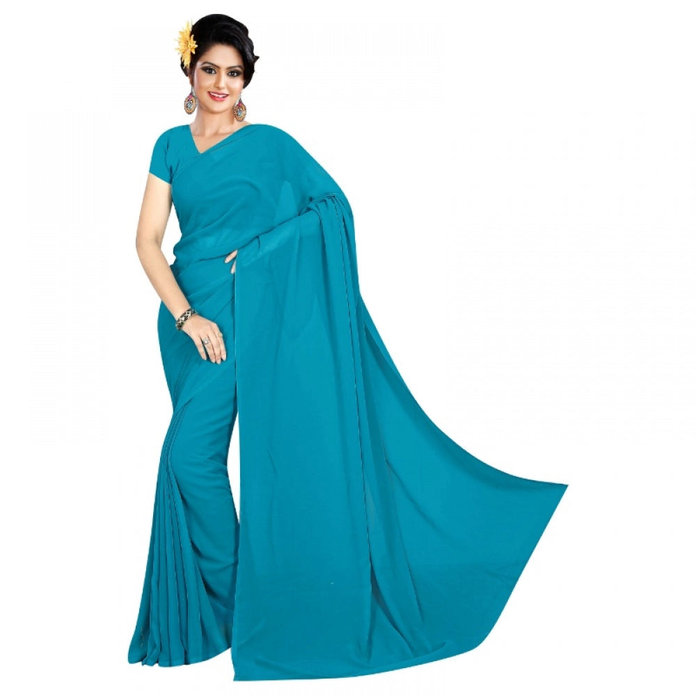 Women's Georgette Plain Saree With Blouse (Dark Firozi, 5-6 Mtrs)