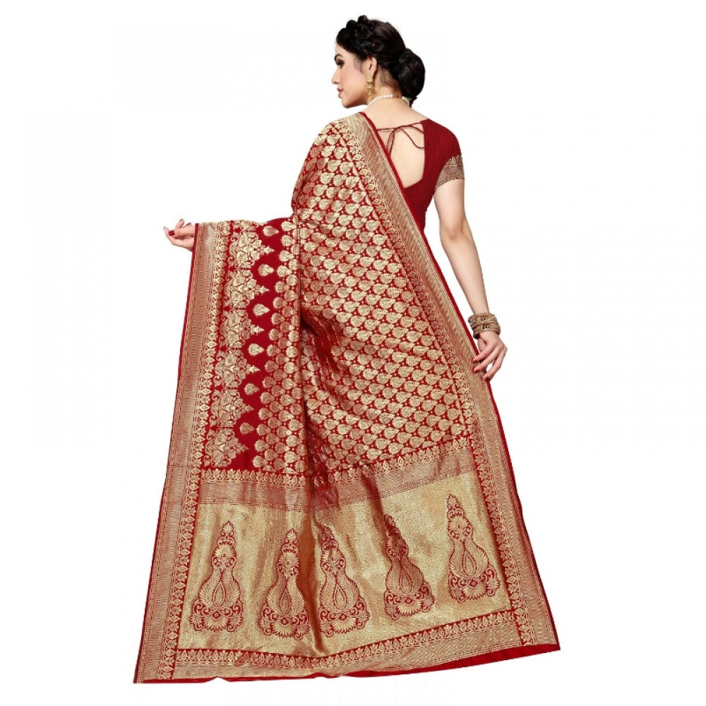 Women's Jacquard Silk Kanjivaram Jacquard Silk Saree With Blouse (Red, 5-6 Mtrs)