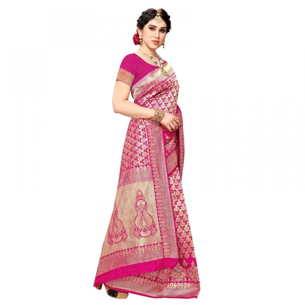 Women's Jacquard Silk Kanjivaram Jacquard Silk Saree With Blouse (Pink, 5-6 Mtrs)