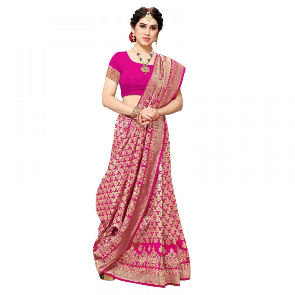 Women's Jacquard Silk Kanjivaram Jacquard Silk Saree With Blouse (Pink, 5-6 Mtrs)