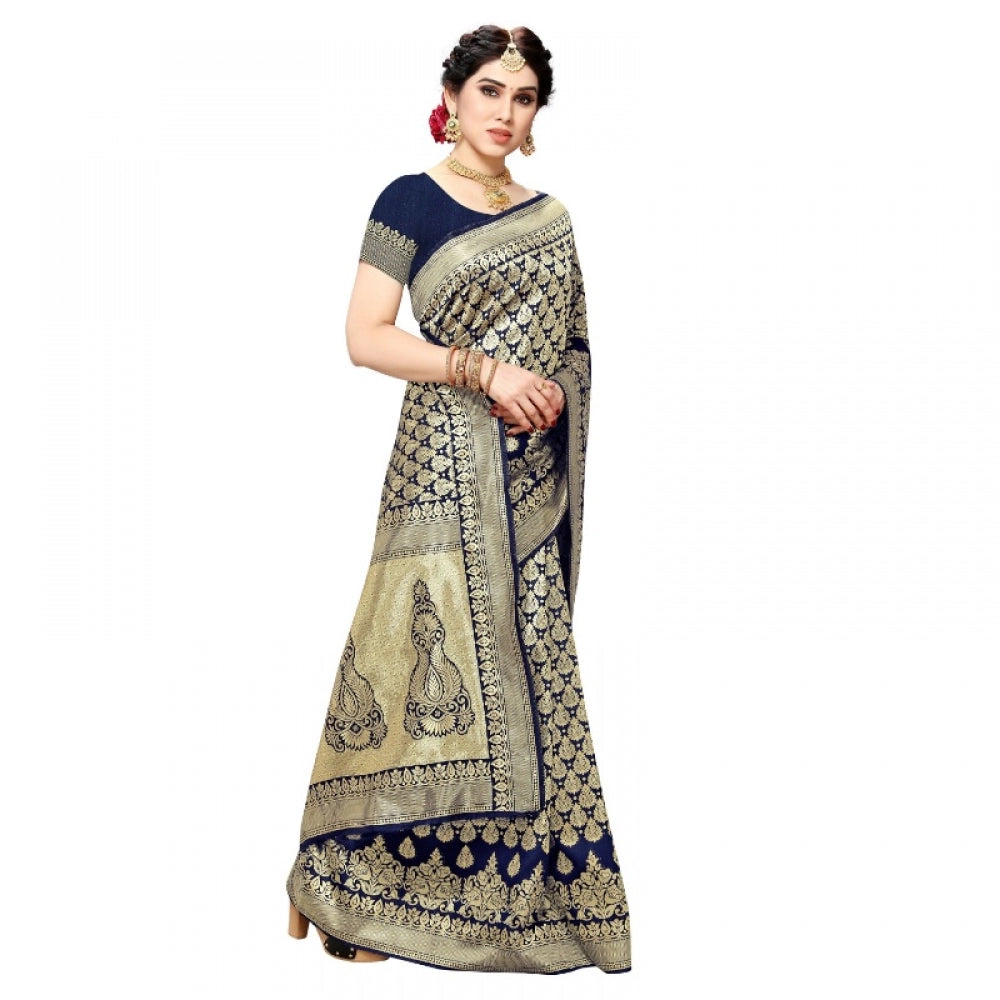 Women's Jacquard Silk Kanjivaram Jacquard Silk Saree With Blouse (Navy Blue, 5-6 Mtrs)