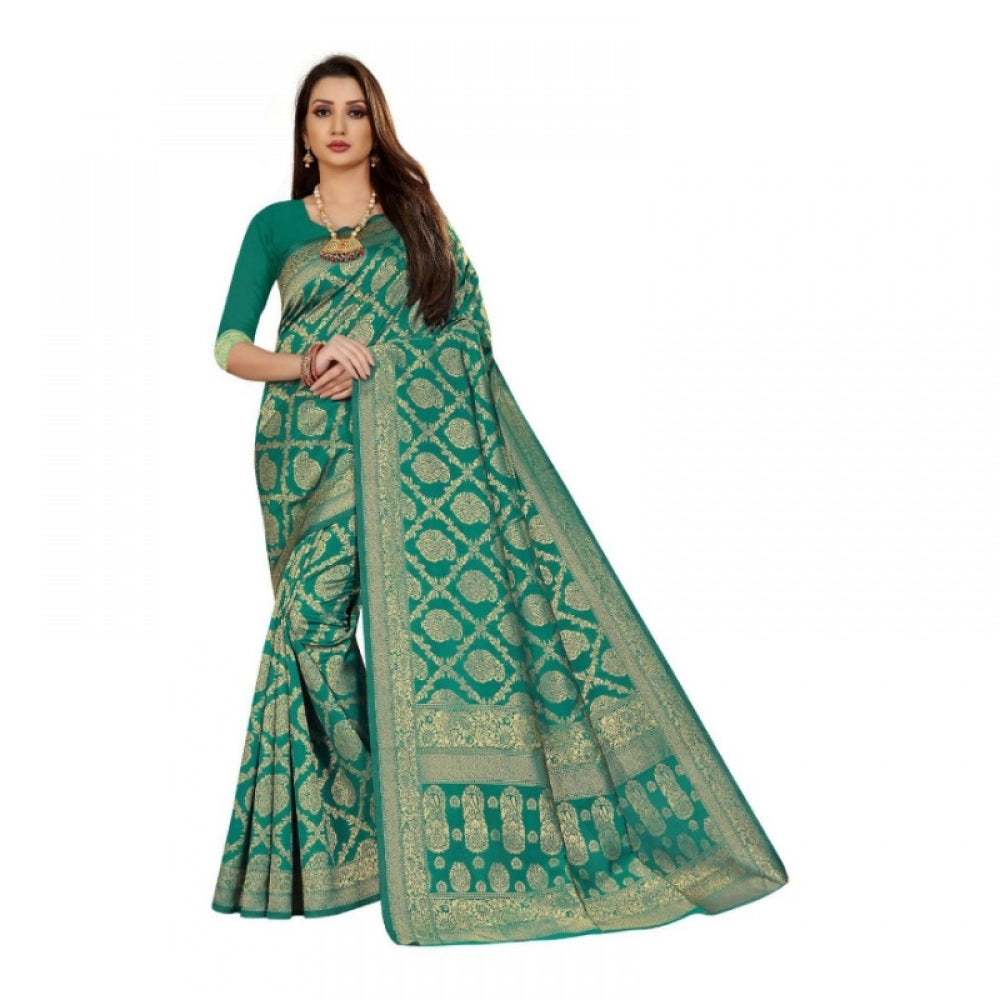 Women's Jacquard Silk Kanjivaram Jacquard Silk Saree With Blouse (Rama, 5-6 Mtrs)