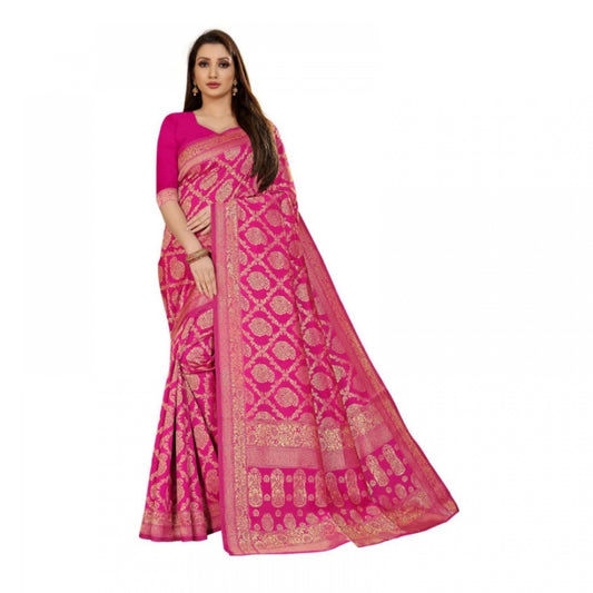 Women's Jacquard Silk Kanjivaram Jacquard Silk Saree With Blouse (Pink, 5-6 Mtrs)