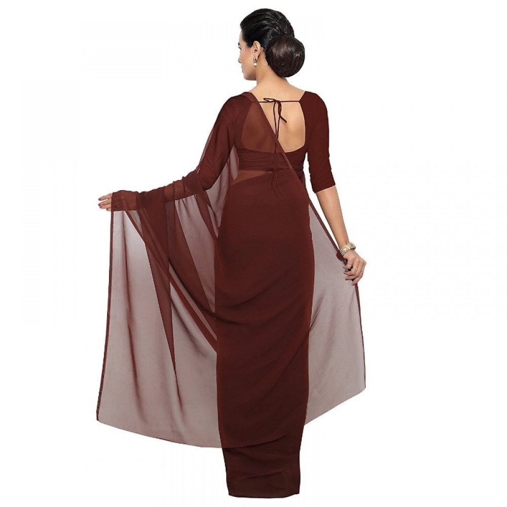 Women's Georgette Plain Saree With Blouse (Coffee, 5-6 Mtrs)