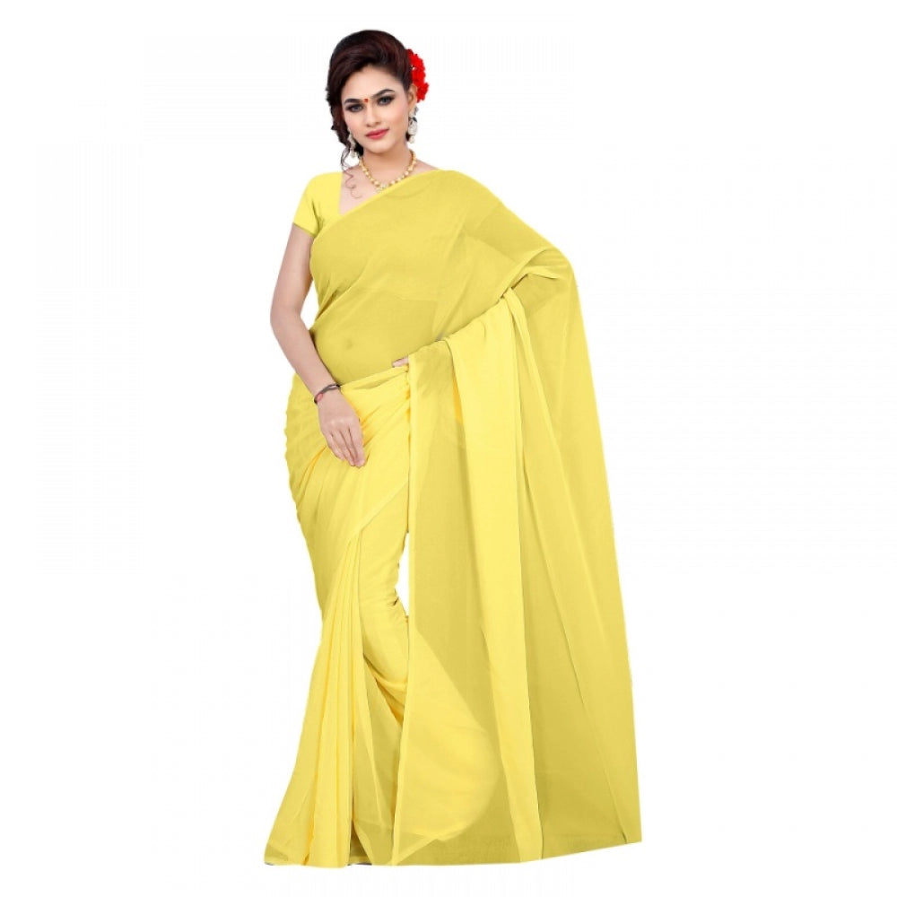 Women's Georgette Plain Saree With Blouse (Lemon Yellow, 5-6 Mtrs)