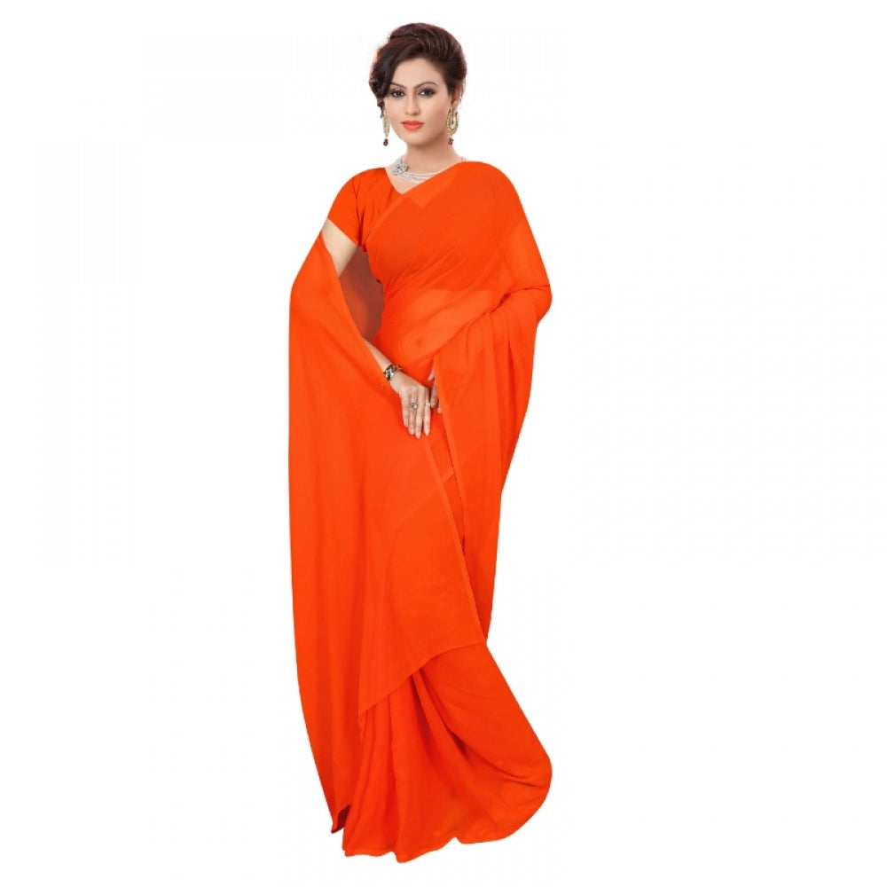 Women's Georgette Plain Saree With Blouse (Orange, 5-6 Mtrs)