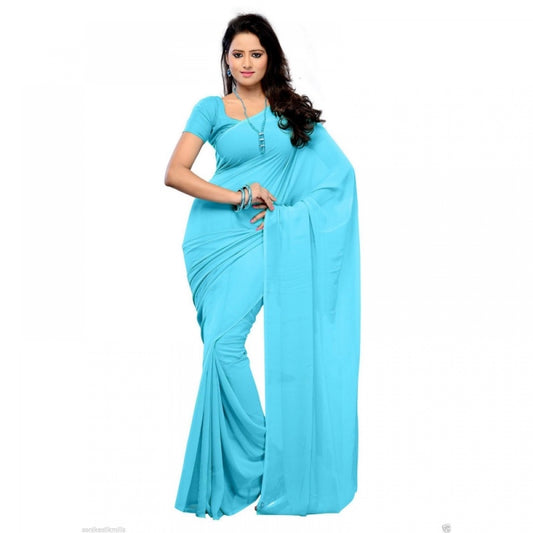 Women's Georgette Plain Saree With Blouse (Sky Blue, 5-6 Mtrs)