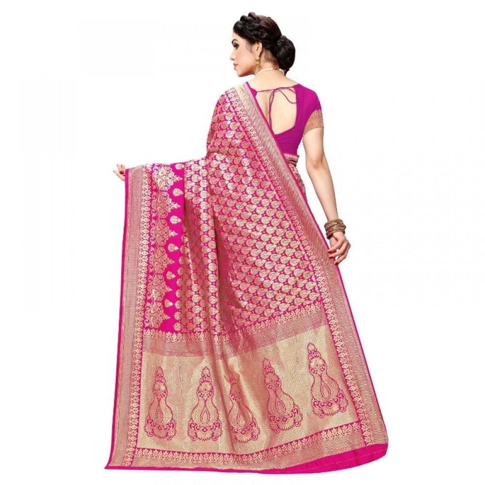 Women's Jacquard Silk Kanjivaram Jacquard Silk Saree With Blouse (Pink, 5-6 Mtrs)