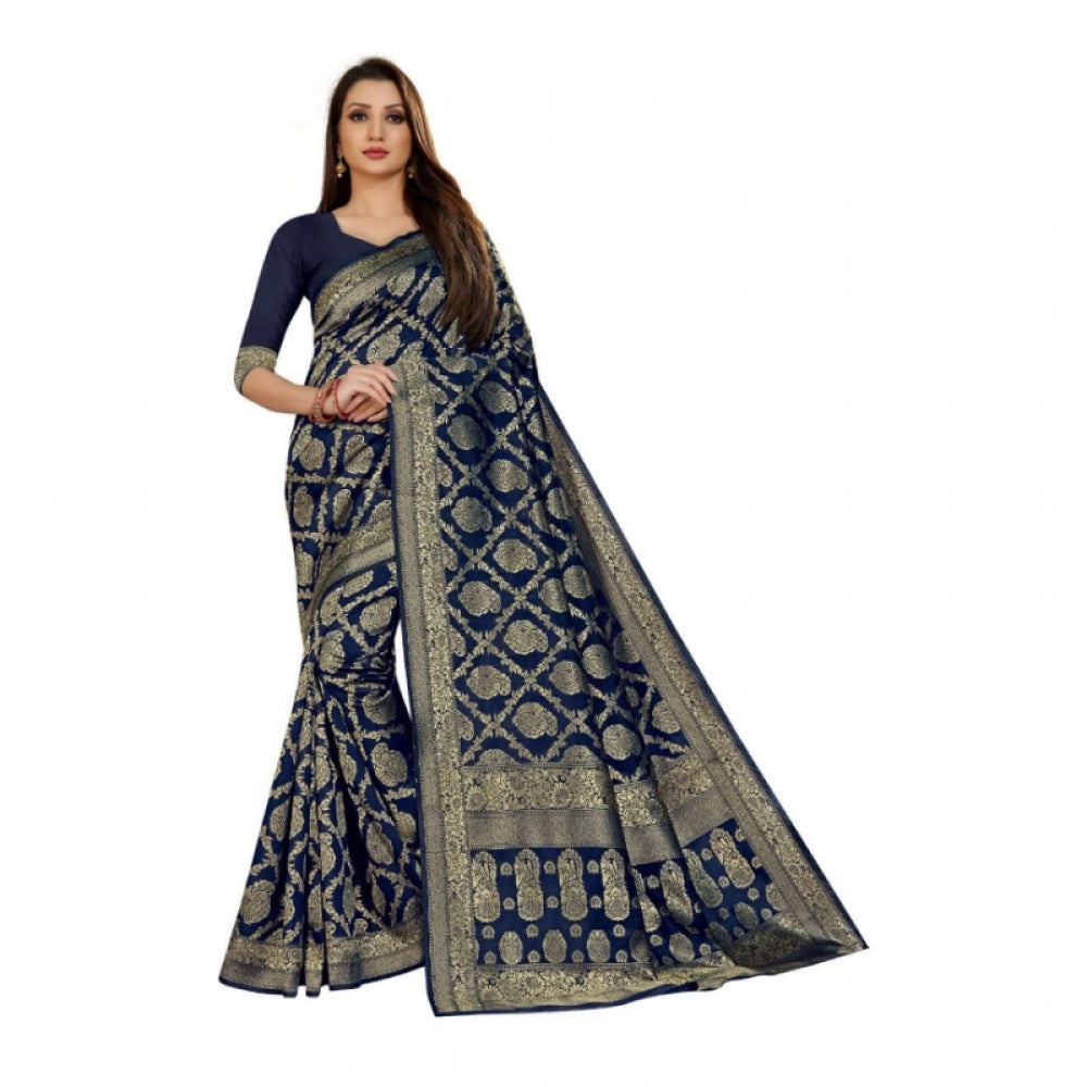 Women's Jacquard Silk Kanjivaram Jacquard Silk Saree With Blouse (Navy Blue, 5-6 Mtrs)