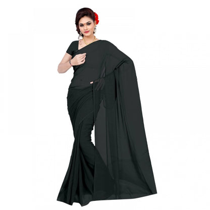 Women's Georgette Plain Saree With Blouse (Black, 5-6 Mtrs)