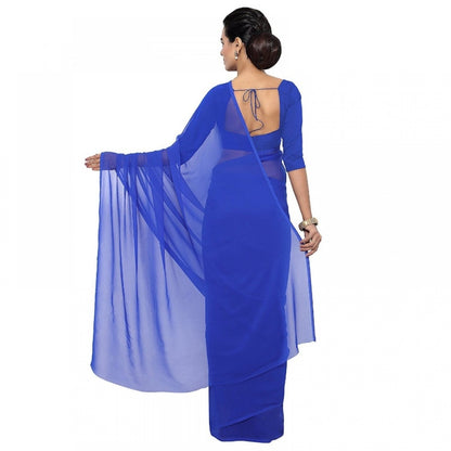 Women's Georgette Plain Saree With Blouse (Royal Blue, 5-6 Mtrs)