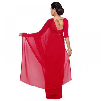 Women's Georgette Plain Saree With Blouse (Red, 5-6 Mtrs)