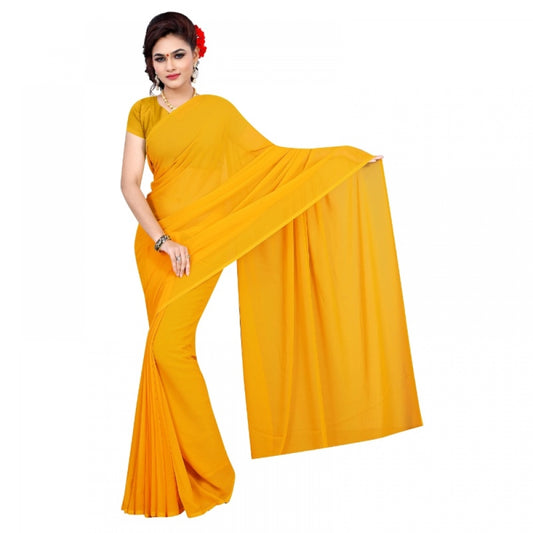 Women's Georgette Plain Saree With Blouse (Gold, 5-6 Mtrs)