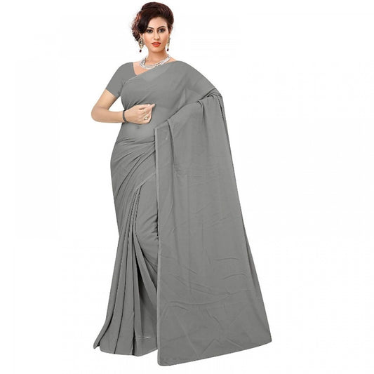 Women's Georgette Plain Saree With Blouse (Grey, 5-6 Mtrs)