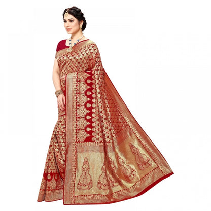 Women's Jacquard Silk Kanjivaram Jacquard Silk Saree With Blouse (Red, 5-6 Mtrs)