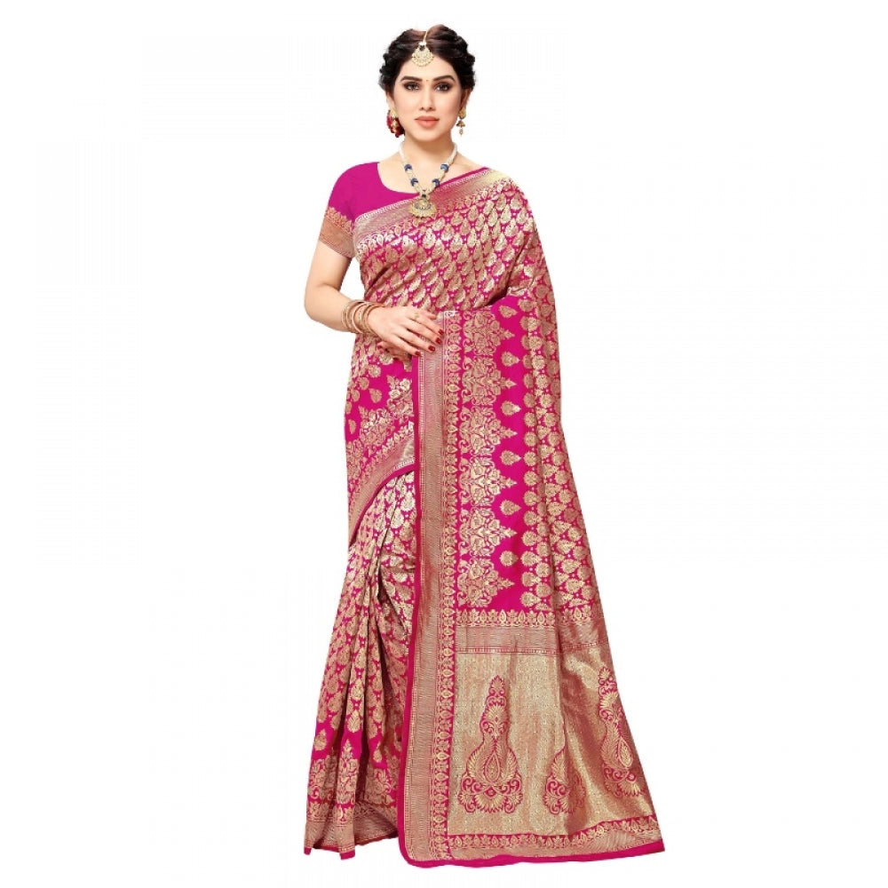 Women's Jacquard Silk Kanjivaram Jacquard Silk Saree With Blouse (Pink, 5-6 Mtrs)