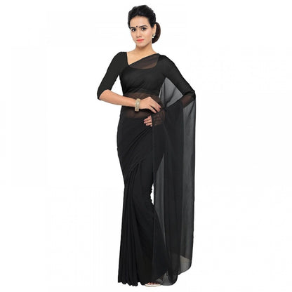 Women's Georgette Plain Saree With Blouse (Black, 5-6 Mtrs)