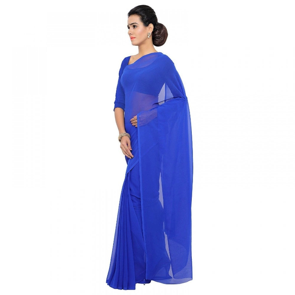 Women's Georgette Plain Saree With Blouse (Royal Blue, 5-6 Mtrs)