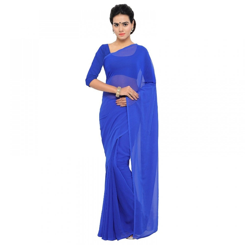 Women's Georgette Plain Saree With Blouse (Royal Blue, 5-6 Mtrs)