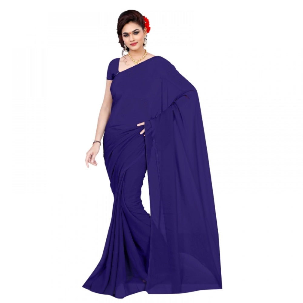 Women's Georgette Plain Saree With Blouse (Navy Blue, 5-6 Mtrs)