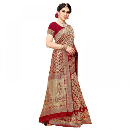 Women's Jacquard Silk Kanjivaram Jacquard Silk Saree With Blouse (Red, 5-6 Mtrs)