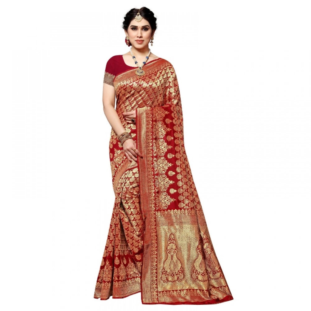 Women's Jacquard Silk Kanjivaram Jacquard Silk Saree With Blouse (Red, 5-6 Mtrs)