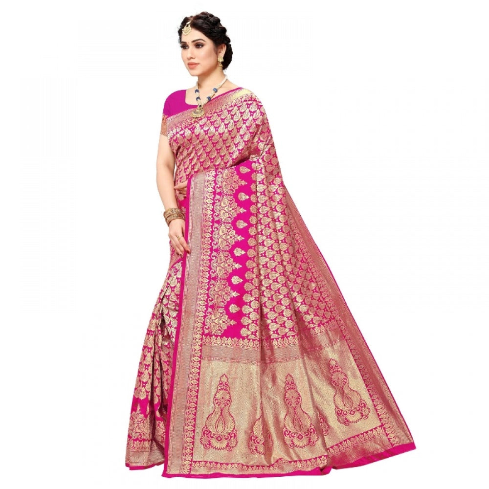 Women's Jacquard Silk Kanjivaram Jacquard Silk Saree With Blouse (Pink, 5-6 Mtrs)