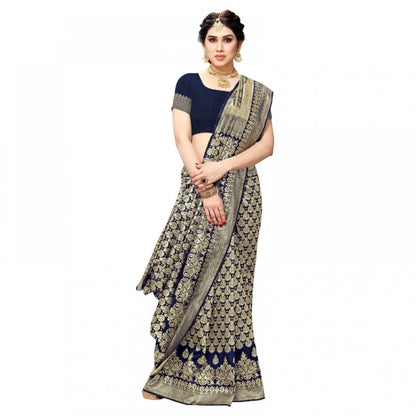 Women's Jacquard Silk Kanjivaram Jacquard Silk Saree With Blouse (Navy Blue, 5-6 Mtrs)