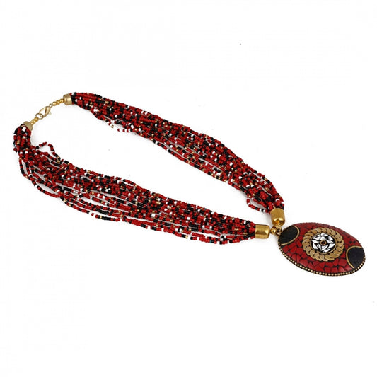 Generic Women's Multicolor Tibetan Style Beads Necklace (Color: Red)