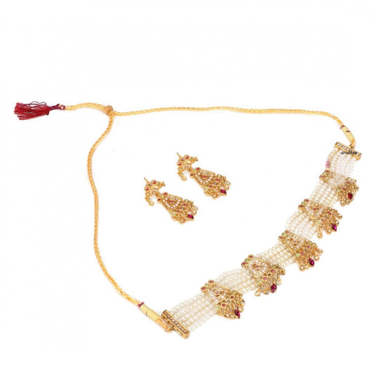 Generic Gold-Plated And Jadau Choker Necklace With Earrings Set For Women