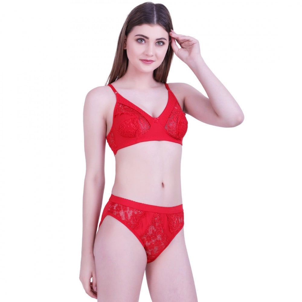 Women's Cotton Bra And Panty Set (Material: Cotton (Color: Red)