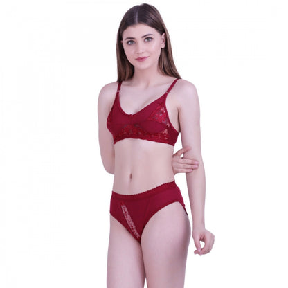 Women's Cotton Bra And Panty Set (Material: Cotton (Color: Mehroon)